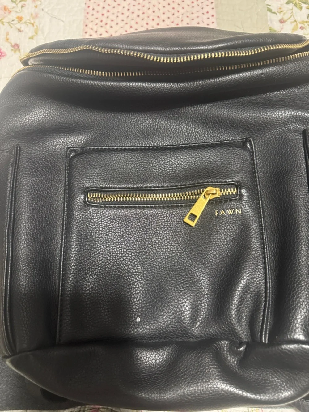 Fawn Design Black Leather Backpack with Gold Hardware